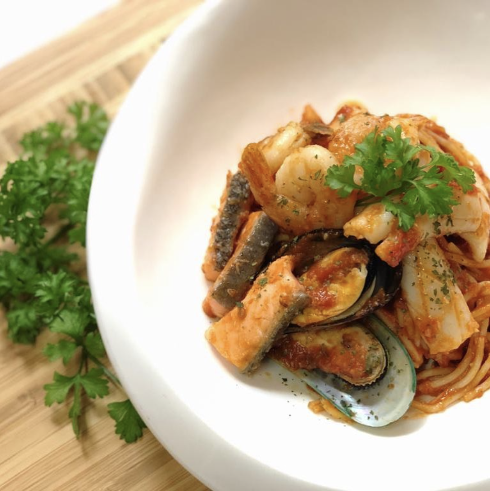 Seafood marinara with prawns, mussels and fish